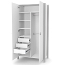 a white closet with open shelves
